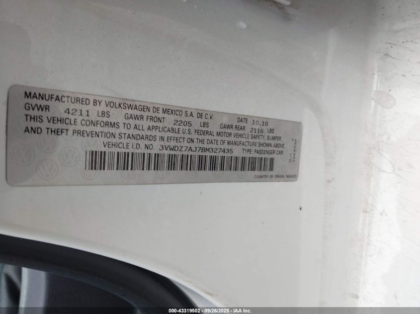 2011 Volkswagen Jetta Se VIN: 3VWDZ7AJ7BM327435 Lot: 43319502