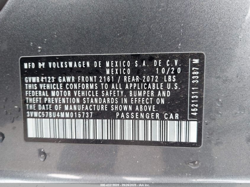 2021 Volkswagen Jetta 1.4T R-Line/1.4T S/1.4T Se VIN: 3VWC57BU4MM015737 Lot: 43319509