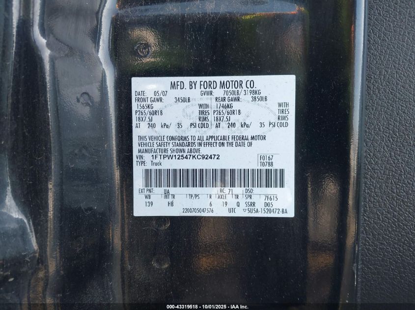2007 Ford F-150 Lariat/Xlt VIN: 1FTPW12547KC92472 Lot: 43319518