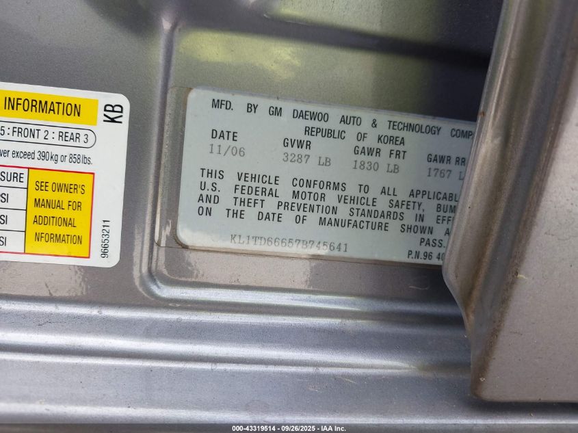 2007 Chevrolet Aveo 5 Ls VIN: KL1TD66657B745641 Lot: 43319514