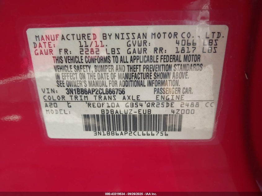 2012 Nissan Sentra Se-R VIN: 3N1BB6AP2CL666756 Lot: 43319534