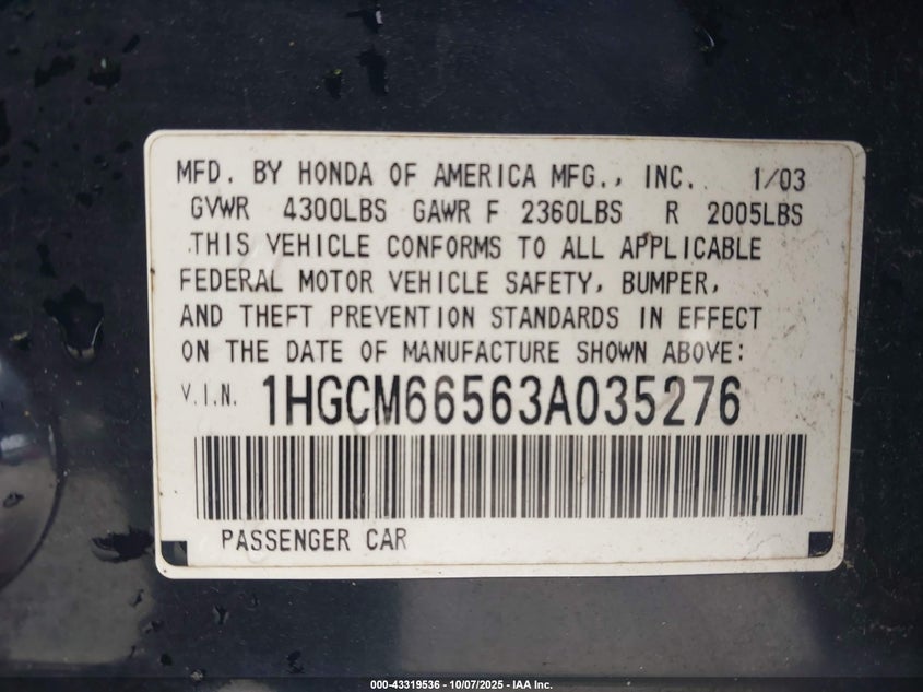 2003 Honda Accord 3.0 Ex VIN: 1HGCM66563A035276 Lot: 43319536