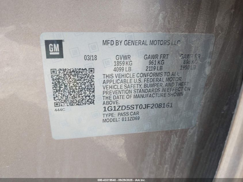 2018 Chevrolet Malibu Lt VIN: 1G1ZD5ST0JF208161 Lot: 43319548