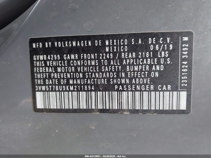 2019 Volkswagen Jetta Gli 2.0T 35Th Anniversary Edition/2.0T Autobahn/2.0T S VIN: 3VW5T7BU9KM211894 Lot: 43319551