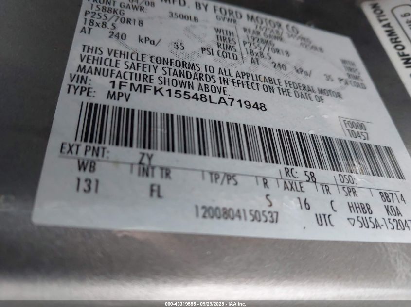 2008 Ford Expedition El Xlt VIN: 1FMFK15548LA71948 Lot: 43319555