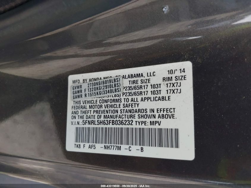 2015 Honda Odyssey Ex-L VIN: 5FNRL5H63FB036232 Lot: 43319558