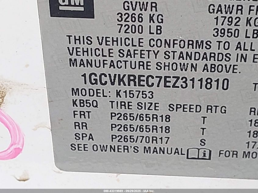 2014 Chevrolet Silverado 1500 2Lt VIN: 1GCVKREC7EZ311810 Lot: 43319569