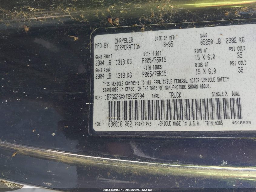1996 Dodge Dakota VIN: 1B7GG26XXTS522704 Lot: 43319567