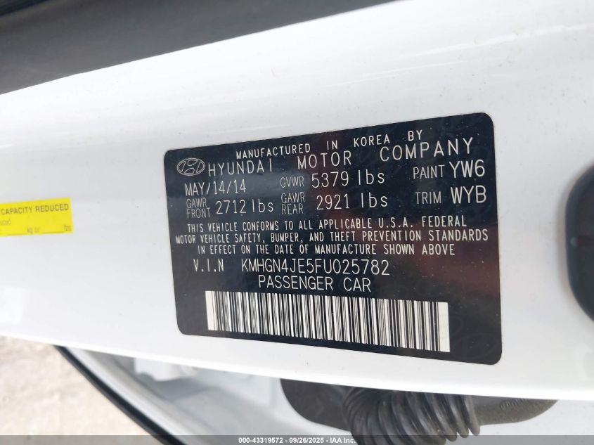 2015 Hyundai Genesis 3.8 VIN: KMHGN4JE5FU025782 Lot: 43319572