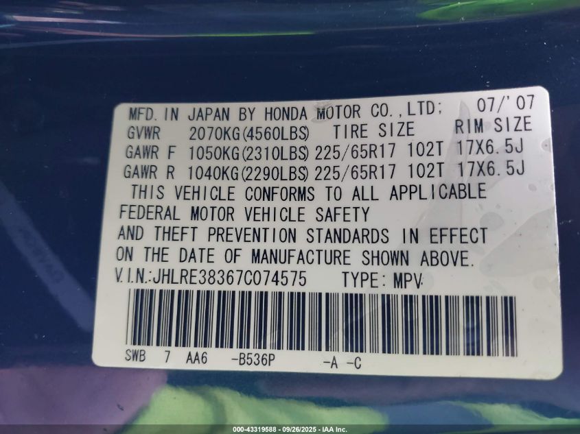 2007 Honda Cr-V Lx VIN: JHLRE38367C074575 Lot: 43319588