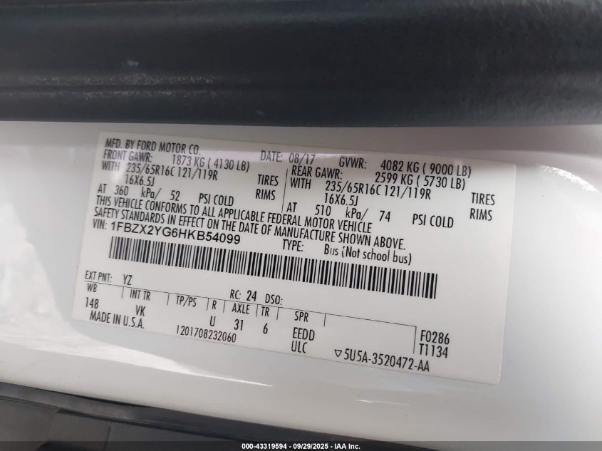 2017 Ford Transit-350 Xl VIN: 1FBZX2YG6HKB54099 Lot: 43319594