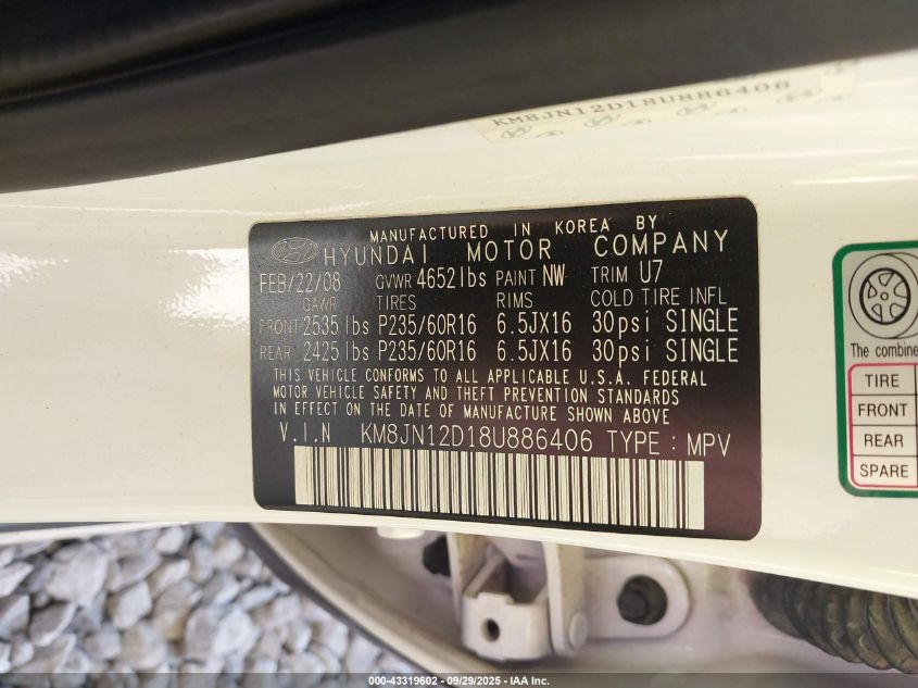 2008 Hyundai Tucson Limited V6/Se VIN: KM8JN12D18U886406 Lot: 43319602