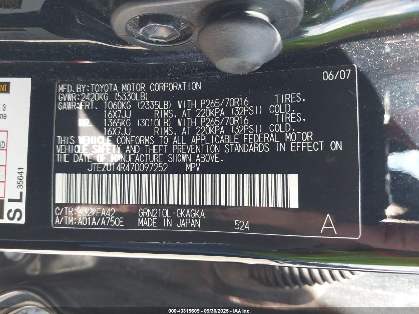 2007 Toyota 4Runner Sr5 V6 VIN: JTEZU14R470097252 Lot: 43319609