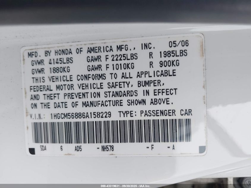2006 Honda Accord 2.4 Ex VIN: 1HGCM56886A158229 Lot: 43319631