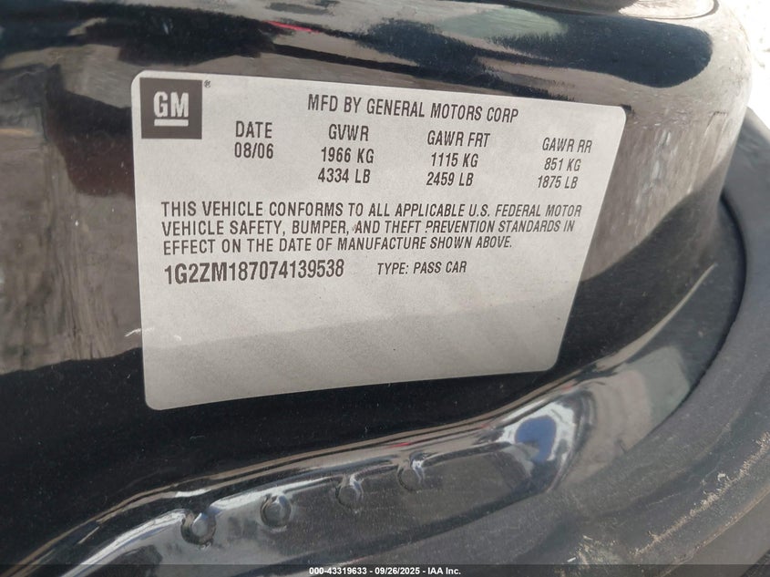 2007 Pontiac G6 Gtp VIN: 1G2ZM187074139538 Lot: 43319633
