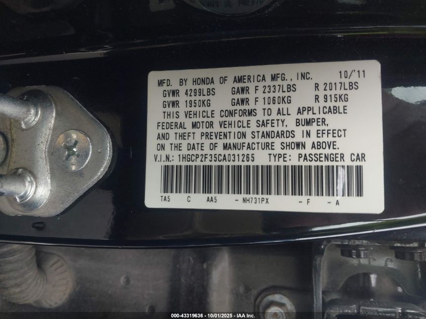 2012 Honda Accord 2.4 Lx VIN: 1HGCP2F35CA031265 Lot: 43319636
