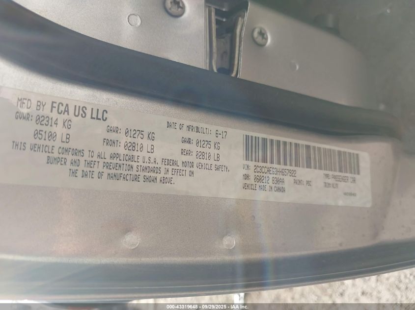 2017 Chrysler 300C VIN: 2C3CCAEG3HH657922 Lot: 43319648