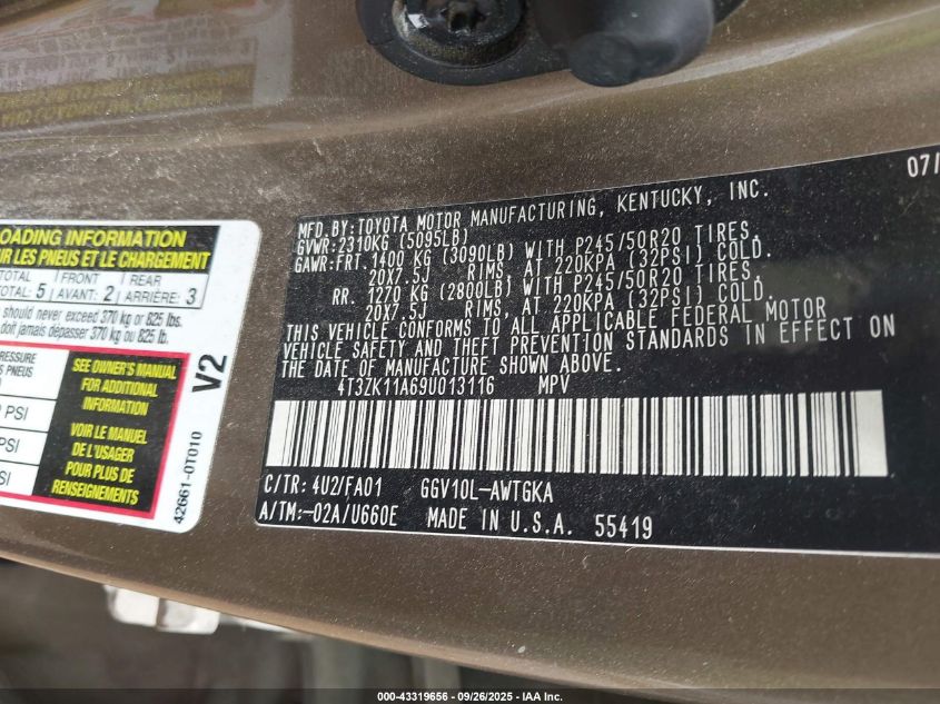 2009 Toyota Venza Base V6 VIN: 4T3ZK11A69U013116 Lot: 43319656