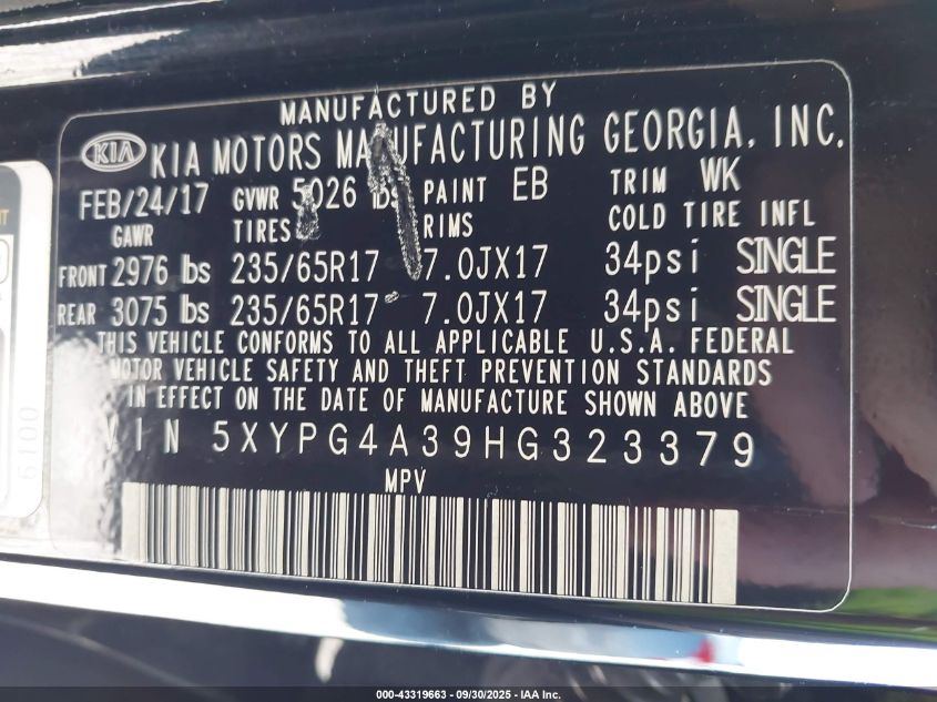 2017 Kia Sorento 2.4L Lx VIN: 5XYPG4A39HG323379 Lot: 43319663