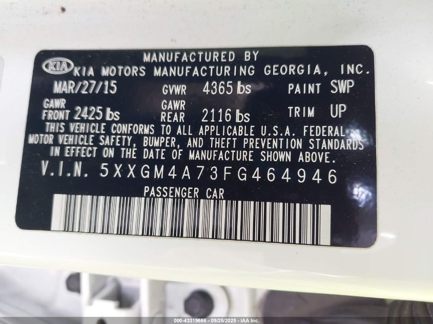 2015 Kia Optima Lx VIN: 5XXGM4A73FG464946 Lot: 43319666