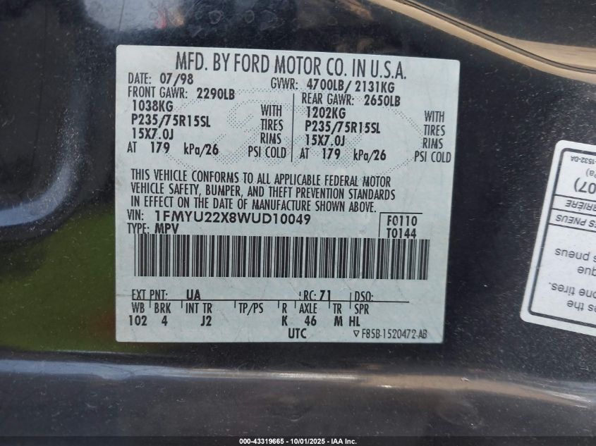 1998 Ford Explorer Sport VIN: 1FMYU22X8WUD10049 Lot: 43319665