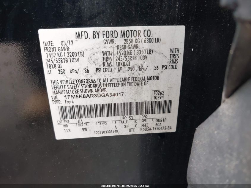 2013 Ford Police Interceptor VIN: 1FM5K8AR3DGA34017 Lot: 43319670