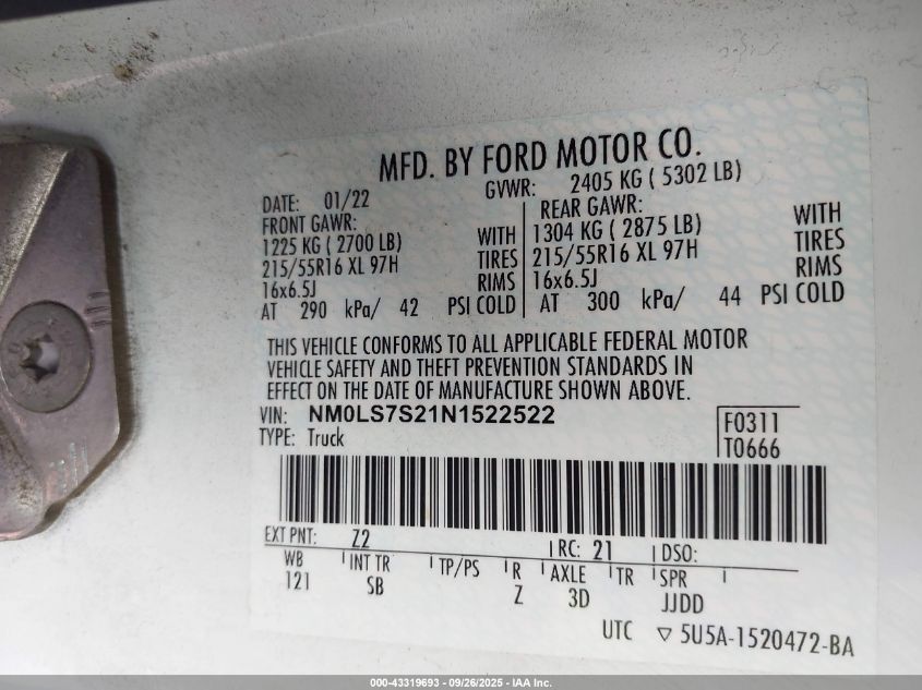 2022 Ford Transit Connect Xl VIN: NM0LS7S21N1522522 Lot: 43319693