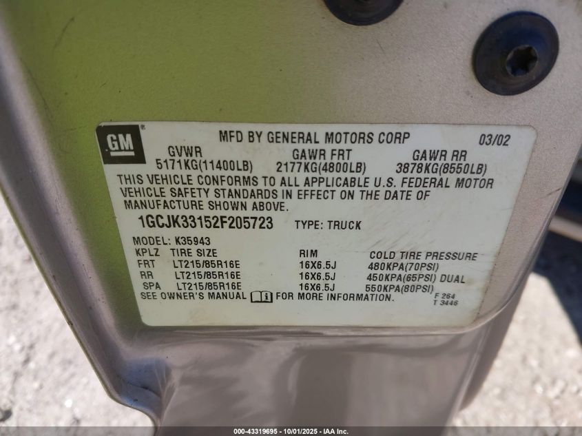 2002 Chevrolet Silverado Lt VIN: 1GCJK33152F205723 Lot: 43319695
