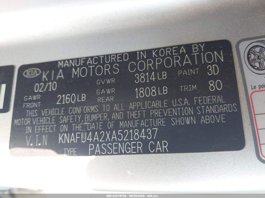 2010 Kia Forte Ex VIN: KNAFU4A2XA5218437 Lot: 43319706