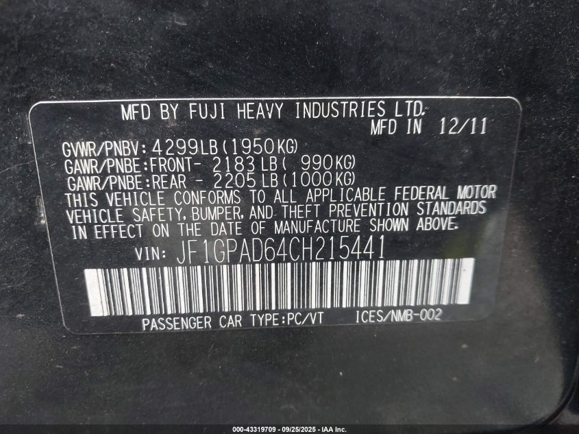 2012 Subaru Impreza 2.0I Premium VIN: JF1GPAD64CH215441 Lot: 43319709