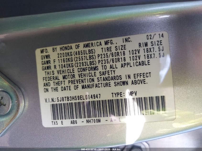 2014 Acura Rdx VIN: 5J8TB3H59EL014947 Lot: 43319710