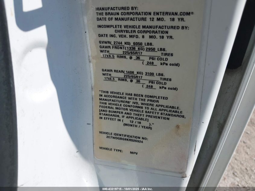 2019 Dodge Grand Caravan Se VIN: 2C7WDGBG8KR526924 Lot: 43319715