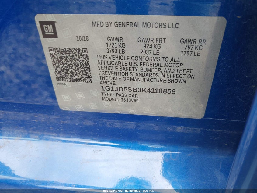 2019 Chevrolet Sonic Lt Auto VIN: 1G1JD5SB3K4110856 Lot: 43319723