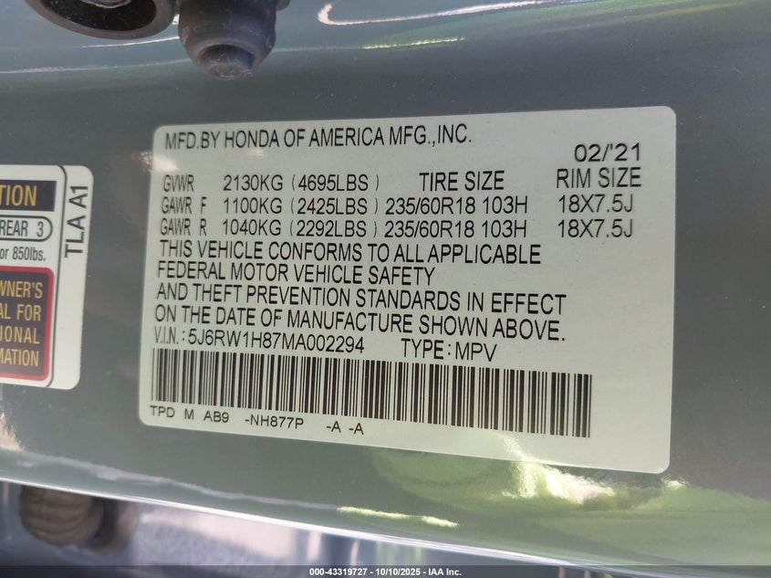 2021 Honda Cr-V 2Wd Ex-L VIN: 5J6RW1H87MA002294 Lot: 43319727