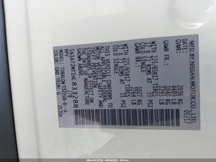 2017 NISSAN ROGUE SV - 5N1AT2MT1HC833288