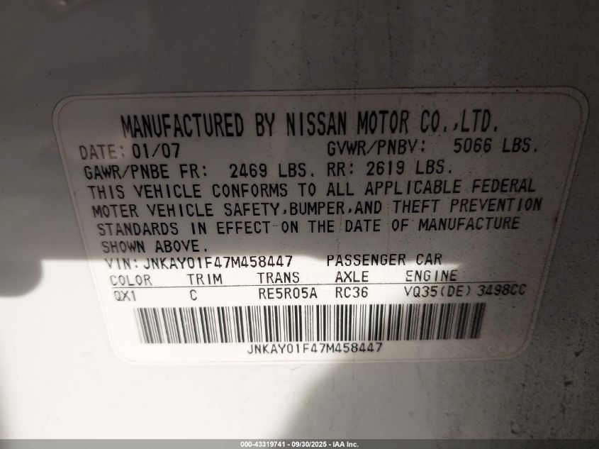 2007 Infiniti M35X VIN: JNKAY01F47M458447 Lot: 43319741