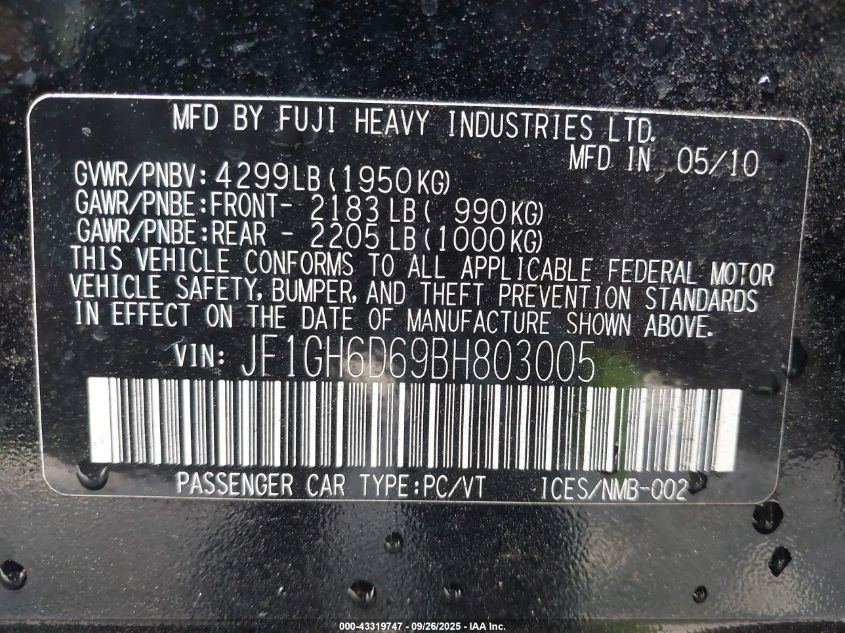 2011 Subaru Impreza Outback Sport VIN: JF1GH6D69BH803005 Lot: 43319747