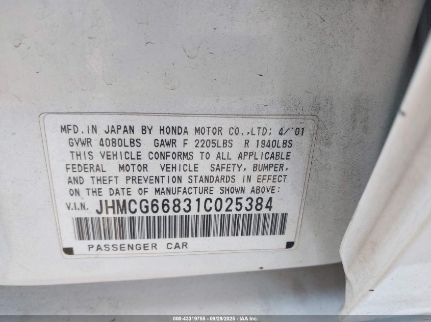 2001 Honda Accord 2.3 Ex VIN: JHMCG66831C025384 Lot: 43319755