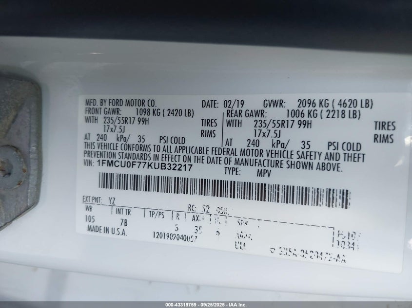 VIN 1FMCU0F77KUB32217 2019 FORD ESCAPE S