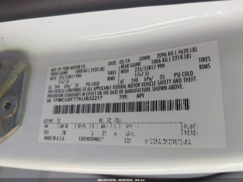 2019 Ford Escape S VIN: 1FMCU0F77KUB32217 Lot: 43319759