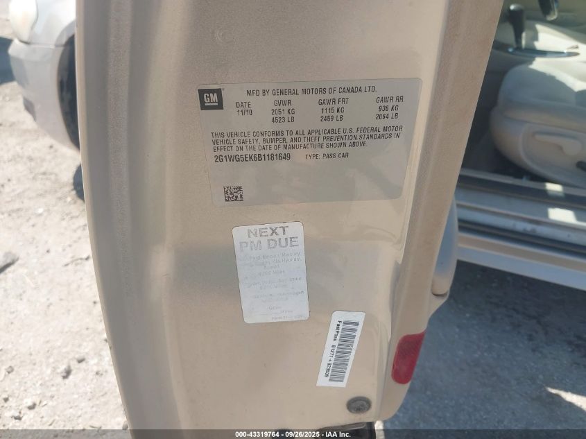 2011 Chevrolet Impala Lt VIN: 2G1WG5EK6B1181649 Lot: 43319764