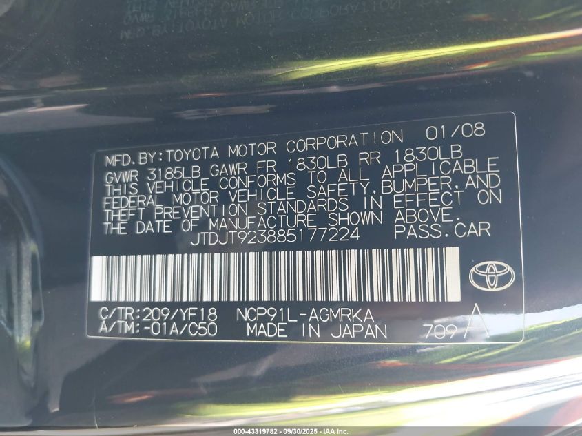 2008 Toyota Yaris S VIN: JTDJT923885177224 Lot: 43319782