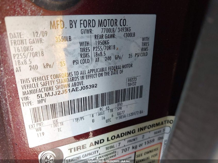 2010 Lincoln Navigator VIN: 5LMJJ2J51AEJ05392 Lot: 43319813