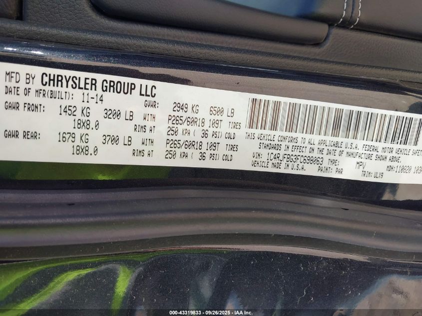 2015 Jeep Grand Cherokee Limited VIN: 1C4RJFBG3FC698063 Lot: 43319833