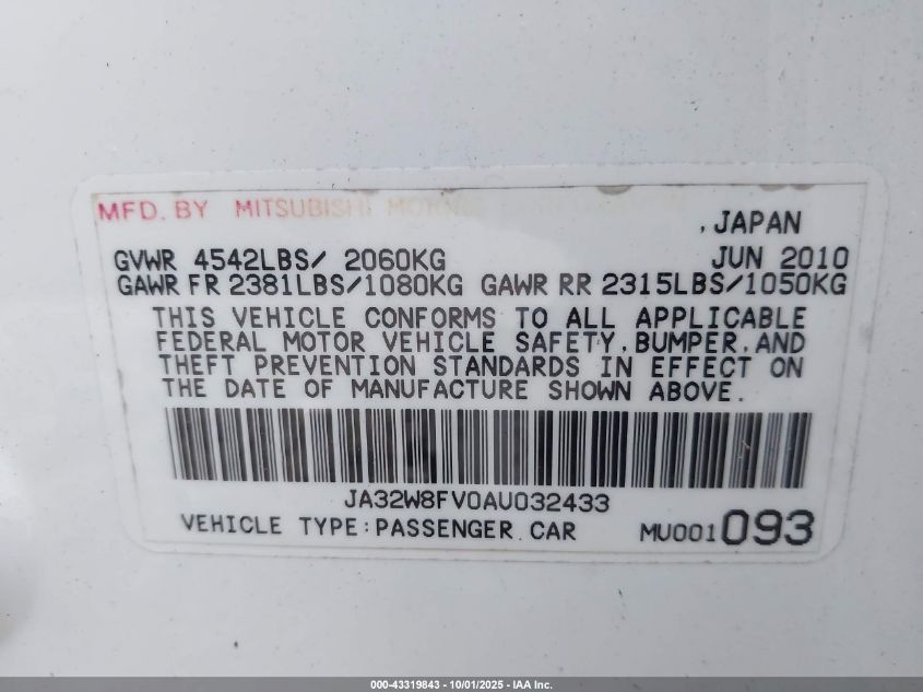 2010 Mitsubishi Lancer Evolution Gsr VIN: JA32W8FV0AU032433 Lot: 43319843