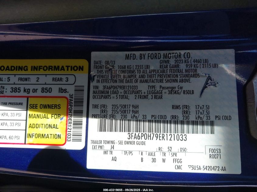 2014 Ford Fusion Se VIN: 3FA6P0H79ER121033 Lot: 43319855