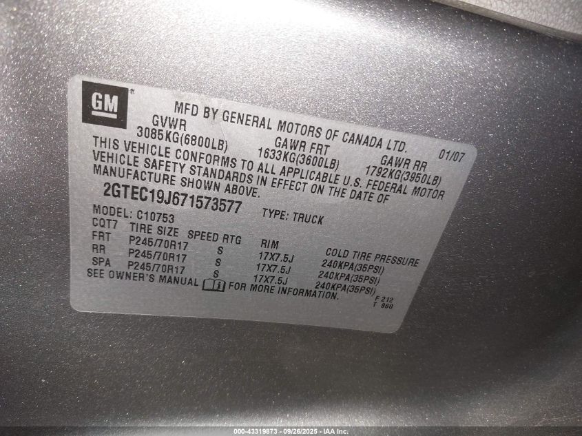 2007 GMC Sierra 1500 Slt VIN: 2GTEC19J671573577 Lot: 43319873