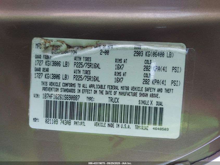 2001 Dodge Ram 1500 St VIN: 1B7HF16Z61S690887 Lot: 43319875