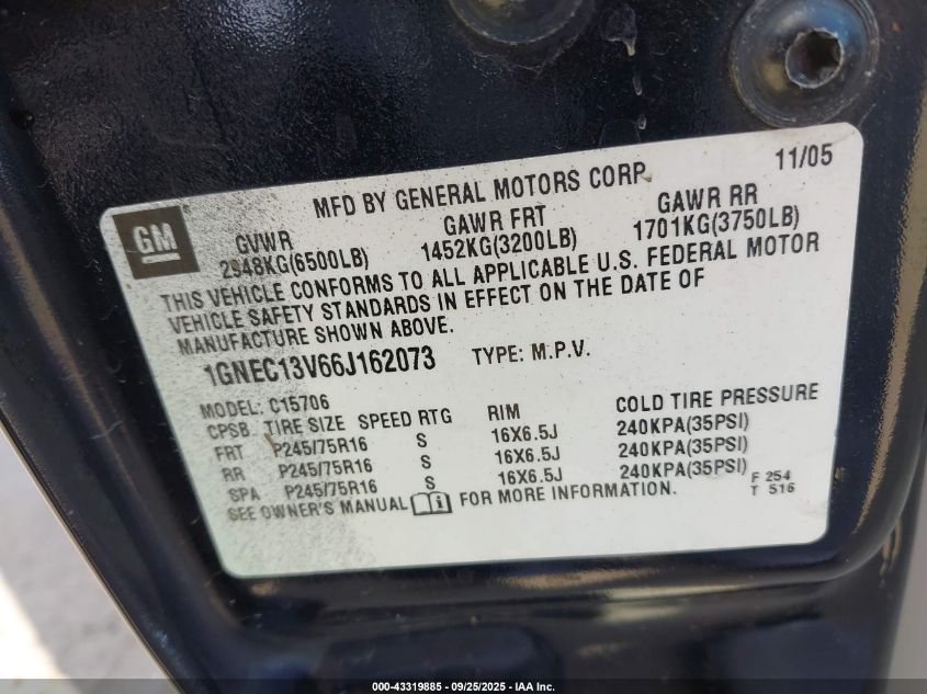 2006 Chevrolet Tahoe Ls VIN: 1GNEC13V66J162073 Lot: 43319885