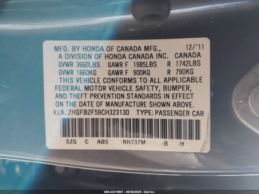 2012 Honda Civic Lx VIN: 2HGFB2F59CH323130 Lot: 43319901